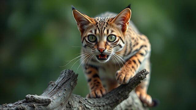 Wild cat poised on high branch ready to pounce, dynamic tension.