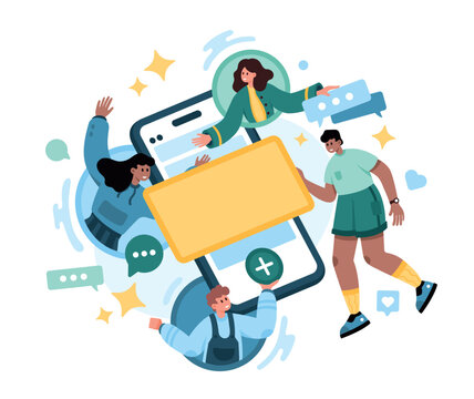 People interact around a smartphone with chat bubbles, blank message banner, likes, and social icons, showing online community, messaging, connection, and digital teamwork vector illustration