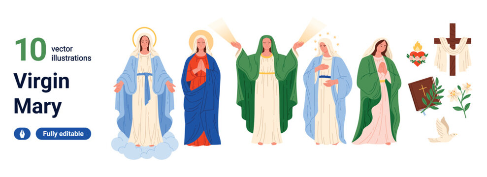 Collection of Virgin Mary poses with halos, robes, cross, dove, bible and sacred symbols isolated on white background vector illustration