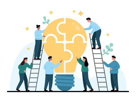 Team members assemble a puzzle lightbulb to represent collaboration, brainstorming and problem solving in business, with ladders and people isolated on white background vector illustration