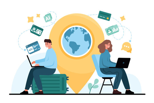 Man and woman using laptops beside a globe map pin, showing wifi hotspot, remote work, digital communication, travel internet access, isolated on white background vector illustration