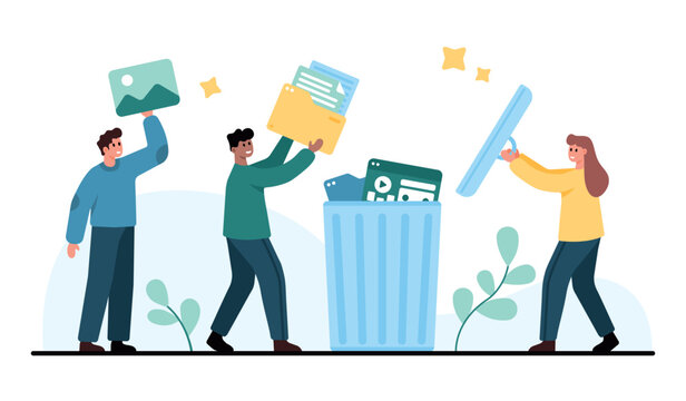 Three people remove photos, folders, and media files by tossing them into a trash bin, showing digital cleanup, storage management, and file deletion isolated on white background vector illustration