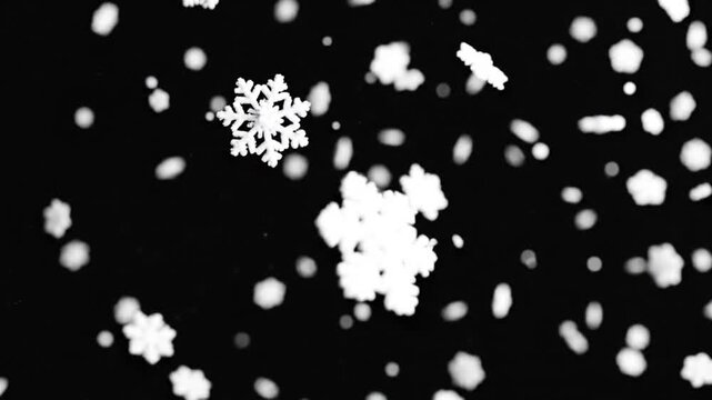 White snowflakes falling against a black background
