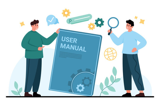 People examining a user manual book with search, settings, and support icons for help, onboarding, documentation, and instruction content isolated on white background vector illustration
