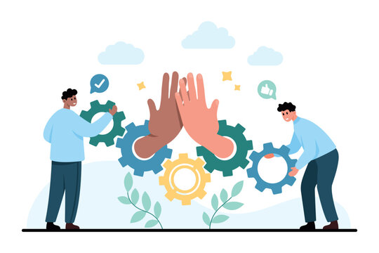 People assembling gears beneath a high five, showing teamwork, collaboration, support and shared success in a business concept, isolated on white background vector illustration