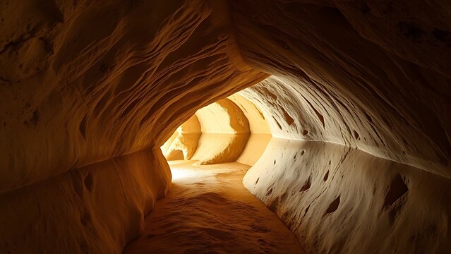 A smooth, winding limestone cave passage connecting two caverns.