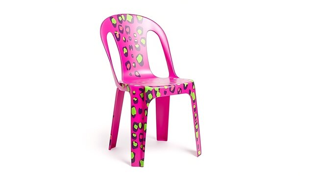 A single plastic chair with bright pink and green leopard print.