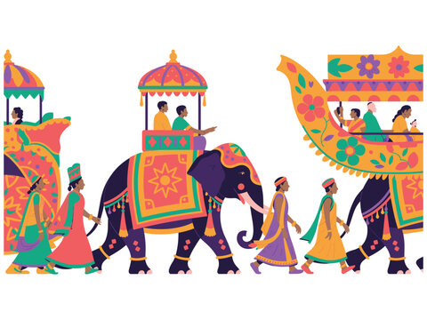 Traditional indian procession with decorated elephants and people in festive attire