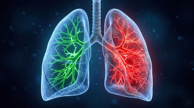 Detailed human lungs illustration showing healthy green and inflamed red bronchial tubes inside transparent chest cavity with displays medical illustration green bronchioles