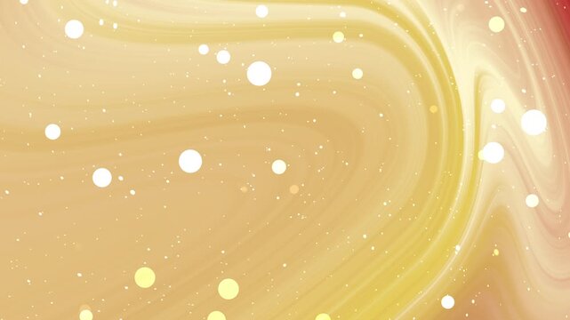 Swirling golden liquid pattern with bright glowing white circles, scattered light artistic background texture. Ideal for luxurious packaging design.