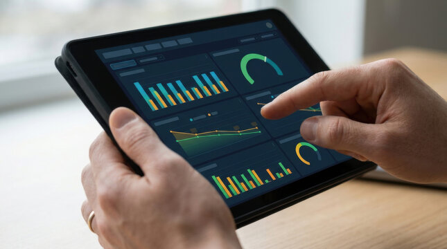 Tablet screen analytics dashboard, hand touch graph interface, data chart on device, digital metric display, cropped macro view of ax