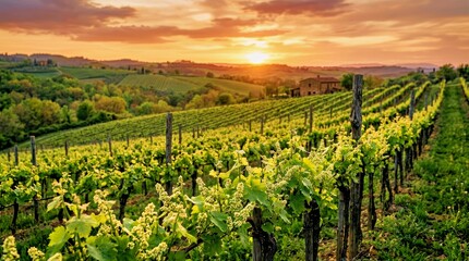 Obraz premium Vineyard Rows at Sunset With Rolling Hills
