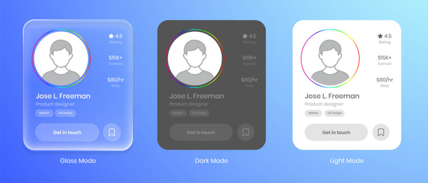 Modern user profile card UI-UX design in liquid glass, dark and light mode on soft gradient background