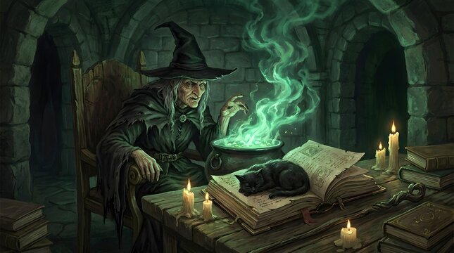 An old witch conjures a magical spell with glowing green smoke from a cauldron in a dark stone chamber