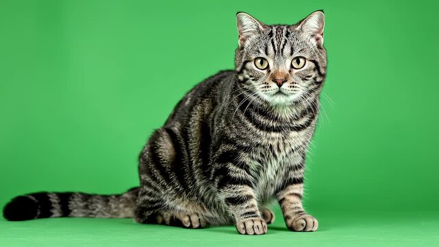 Tabby cat sits attentively against a vibrant green background while looking directly at the camera with sharp focus on its detailed fur patterns and expressive facial features.