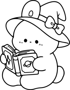 Cute Bunny Reading Magic Book Illustration Outine Hand Drawn