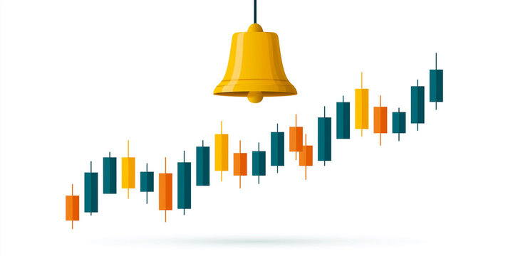 A flat vector illustration of a bell ringing above a rising candlestick chart representing a company going public, related to IPO and public offering, offering a versatile and polished visual style.