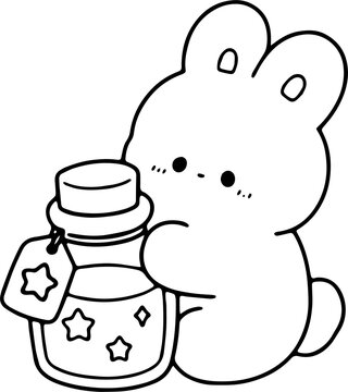 Cute Bunny with Magical Potion Jar Outine Hand Drawn