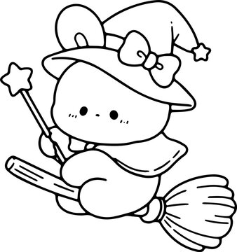 Cute Bunny Witch Flying on Broomstick Outine Hand Drawn