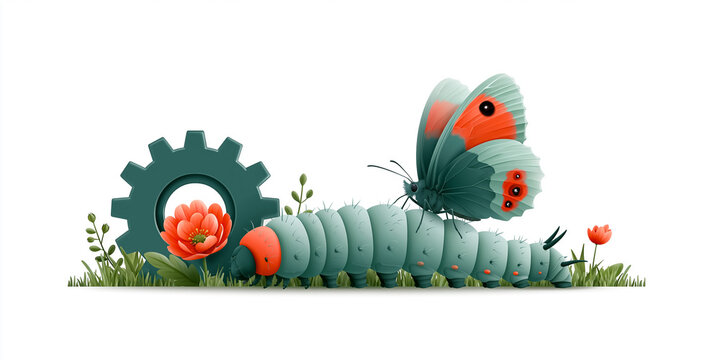 Close-up view of a flat vector illustration of a caterpillar transforming into a butterfly beside a gear representing organizational change, perfect for modern lifestyle and business storytelling.