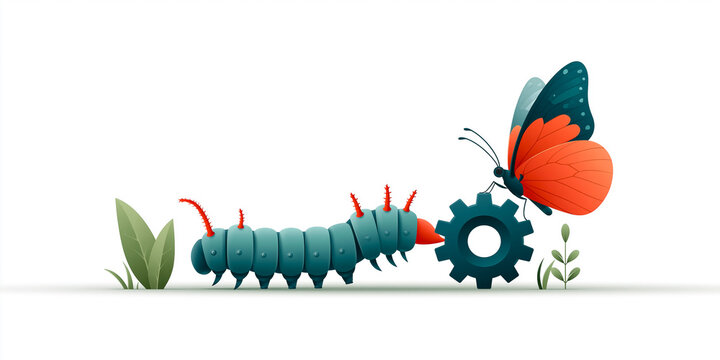 Alternate angle of a flat vector illustration of a caterpillar transforming into a butterfly beside a gear representing organizational change, perfect for modern lifestyle and business storytelling.