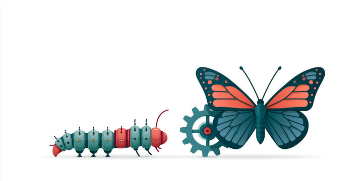 A flat vector illustration of a caterpillar transforming into a butterfly beside a gear representing organizational change, perfect for modern lifestyle and business storytelling, in stunning clarity.
