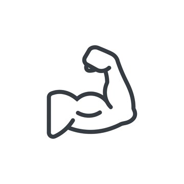 Flexing bicep muscle line vector icon isolated on white background, arm strength power and fitness symbol.