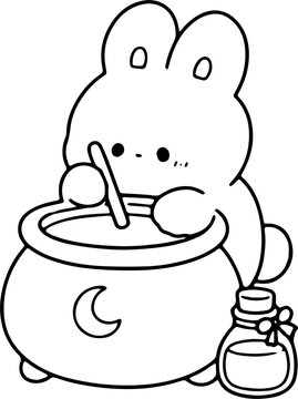 Cute Cartoon Bunny Cooking in a Cauldron Outine Hand Drawn