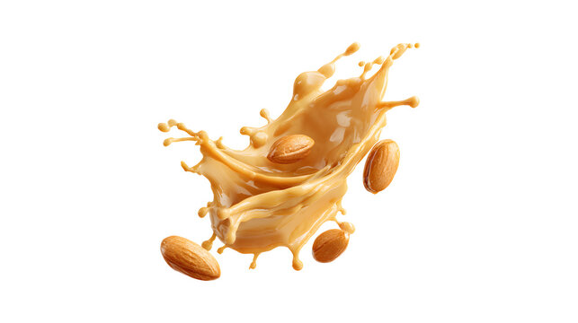 Dynamic almond nut butter splash with flying nuts for food packaging design and culinary dessert advertising concepts, isolated on transparent background