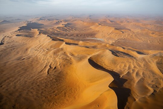 Aerial view, evening mood, red sand dunes of the Namib Desert, Namib Naukluft Park, Namibia