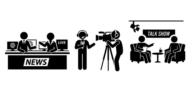 Television news and media broadcast icons featuring anchors, cameramen, and interviews.