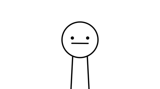 Simple black line stick figure with neutral face on white background, representing minimal character, basic person icon, and simple animation motion graphic.