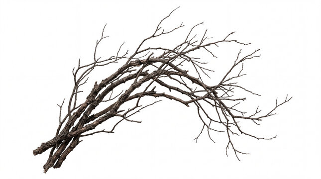 Dry leafless tree branches isolated on white background with weathered bark texture.