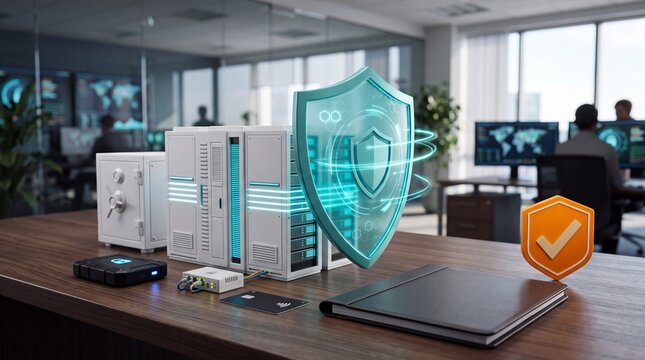 Digital data server infrastructure protected by glowing virtual security shield inside modern corporate office