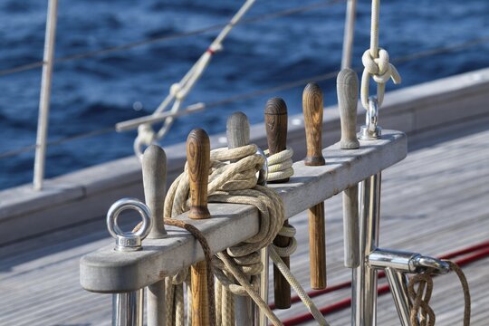 Holpins or nail nails stuck through a board, including coffee nails, linen and ropes, sailing ship, Aeolian or Lipari islands, Sicily, southern Italy, Italy