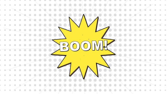 Yellow comic burst star shape with boom text on white background, representing explosion, impact, action, and comic book effect motion graphic.