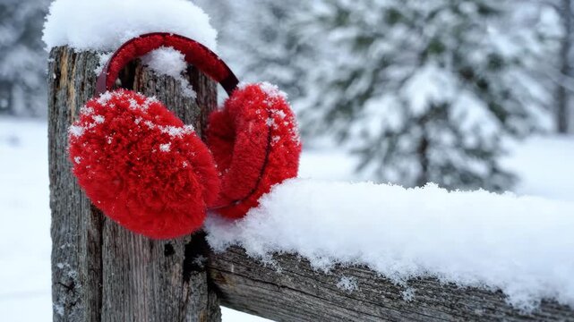 Cozy red earmuffs on a snow-covered wooden fence post in a serene winter scene.