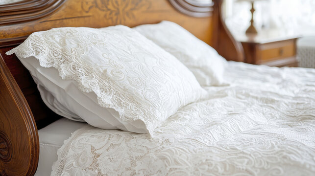 Luxurious Victorian style bed adorned with intricate lace linens, creating serene and elegant atmosphere