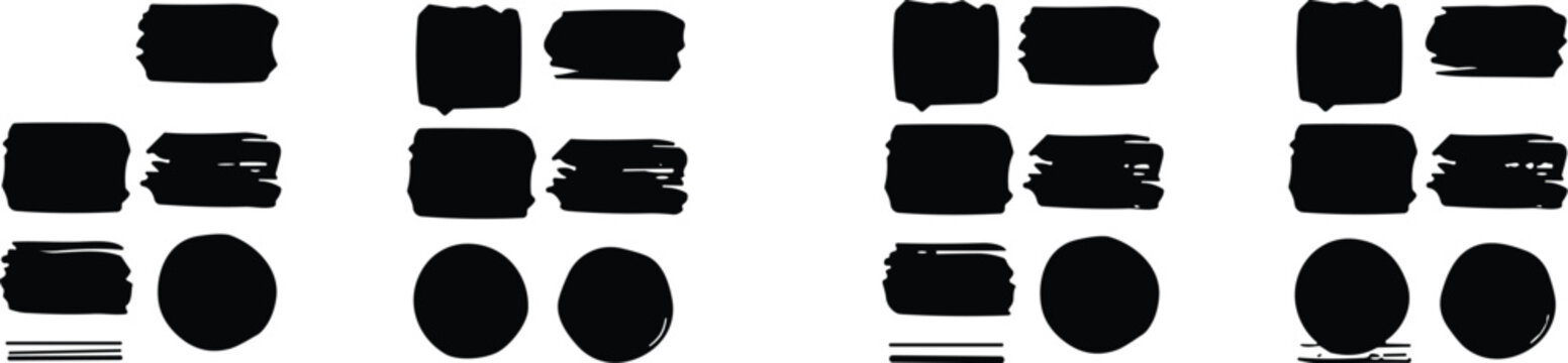 Collection of black ink brush strokes, rectangular patches, and circular shapes on a white background, arranged in a repeating grid pattern