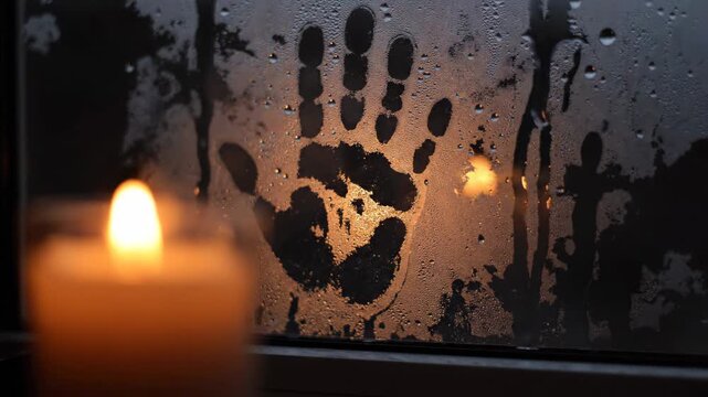 Mysterious handprint on a foggy window, softly lit by a glowing candle.