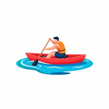 Man Canoeing in Red Canoe Vector Illustration