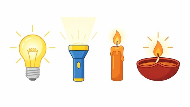 Various light sources and illumination objects including light bulb, flashlight, candle, and diya lamp