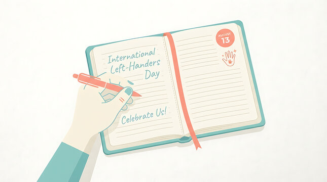 Flat lay illustration of left handed person writing in a notebook with notebook