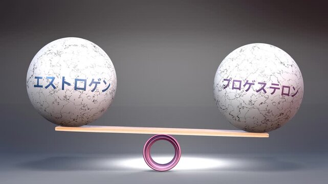 エストロゲンとプロゲステロン - 天秤の上でつり合うエストロゲンとプロゲステロン。女性ホルモンの均衡、調和とバランスを示す石のメタファー。