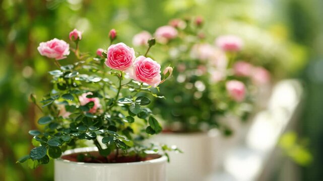 Pink rose blossoms buds green leaves grow in pots. Residential garden nursery backyard landscaping industry design material product marketing commercial advertising web banner backdrop template