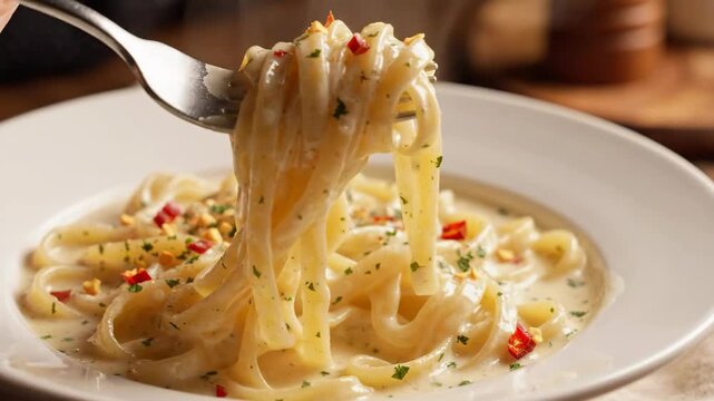 Close-up of a fork twirling creamy pasta with chili flakes and fresh herbs.