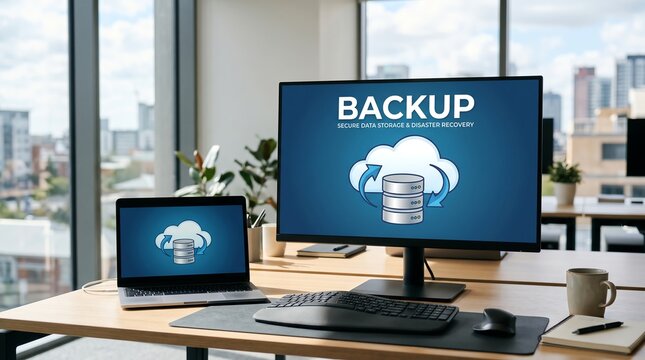 Modern office with backup data concept on computer screens