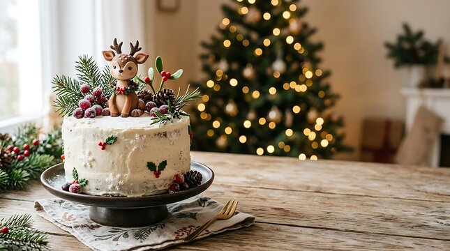 Festive christmas cake with reindeer topper on wooden table