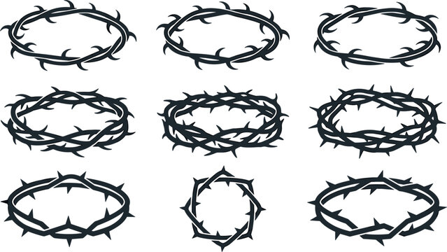 Crown of Thorns Silhouette Icon Set with Ornate Round Tribal Bramble Branches for Easter Religious and Gothic Tattoo Graphic Designs