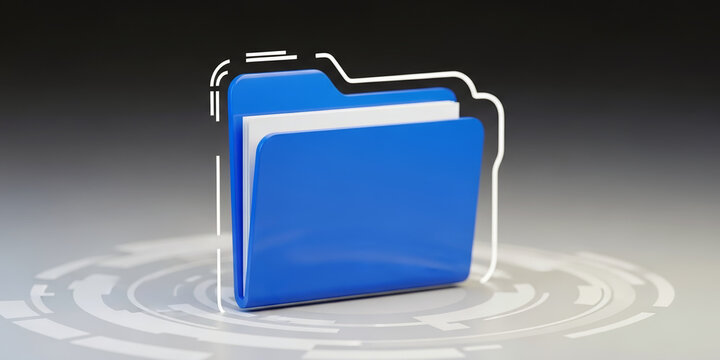 Blue folder icon with white paper on digital interface